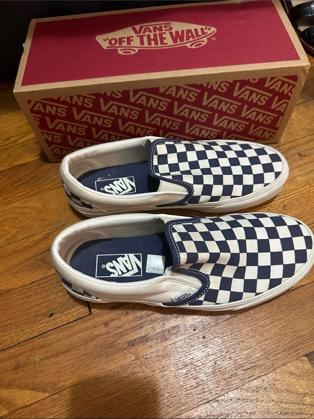 Vans Checkerboard Slip-On Sneakers in Navy & White